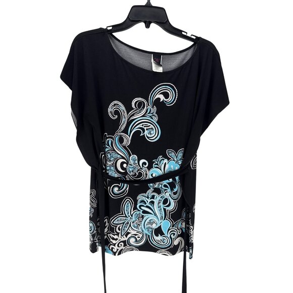 Wrapper Black Floral Tunic Top Size S Drawstring Hem Stretchy Casual Whimsygoth - Picture 1 of 6